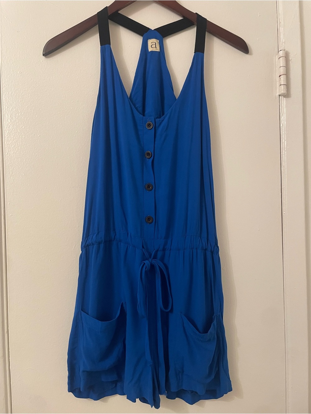 Audrey 3+1 Cobalt Blue Button-Front Racerback Romper with Pockets